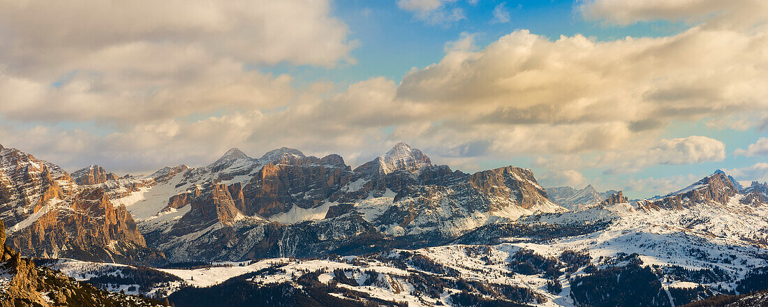 Snowy Dolomites during winter in Italy, with a view towards Tofana and Lagazuoi mountain; Italy