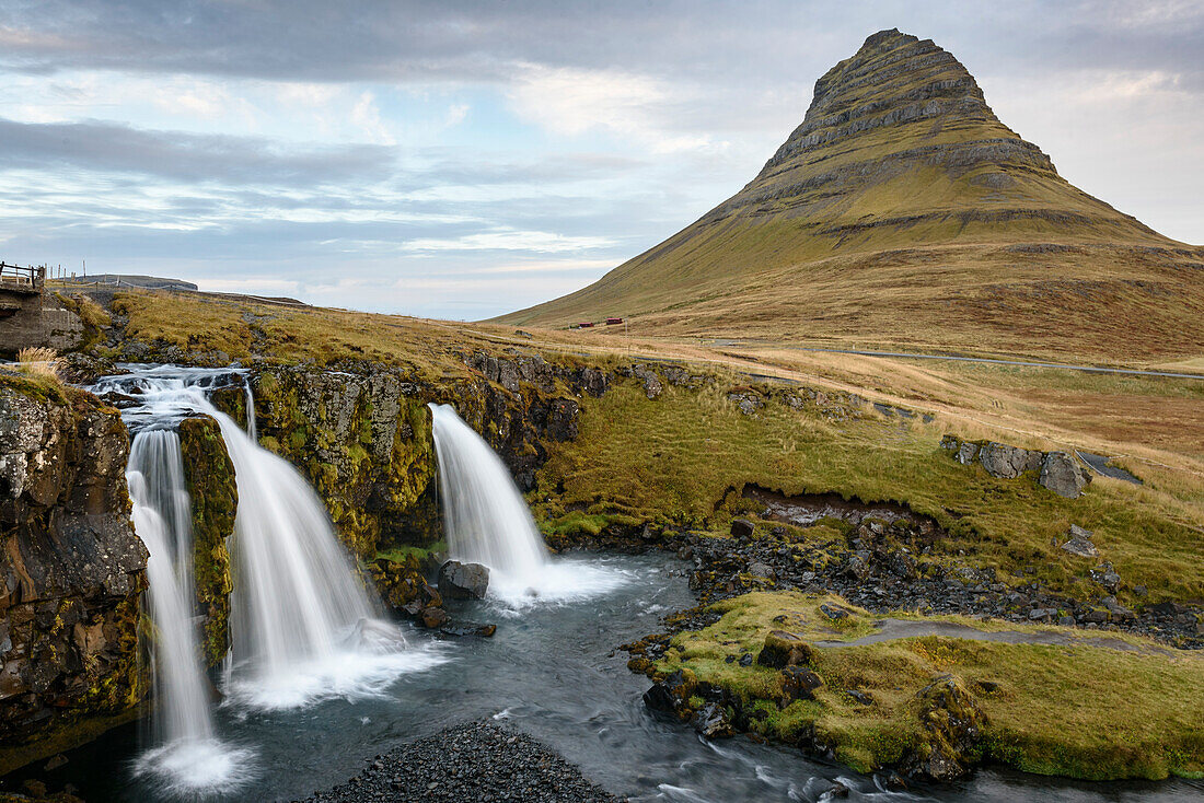 Waterfalls in front of Eyjafjallajokull in Iceland; Iceland