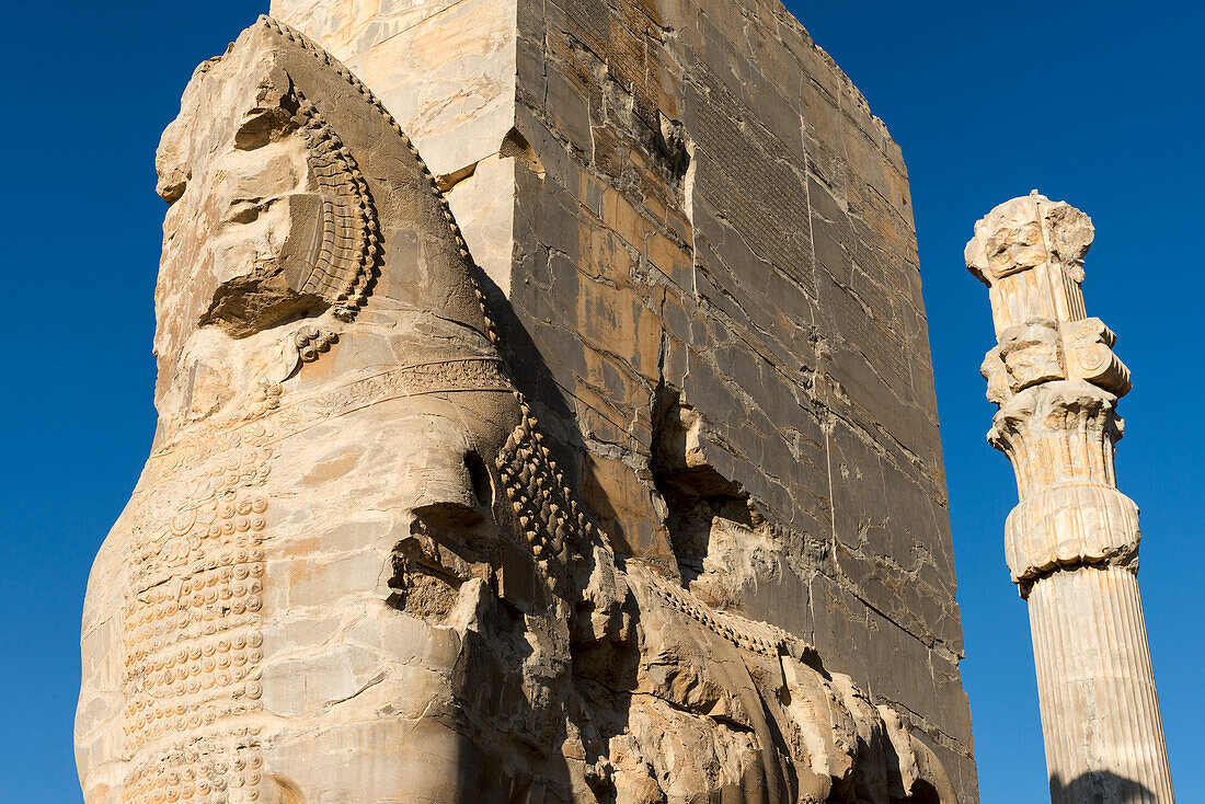Close-up of stone sculptures at the Ruins of Persepolis, Ruins of the Gate of All Nations; Persepolis, Iran