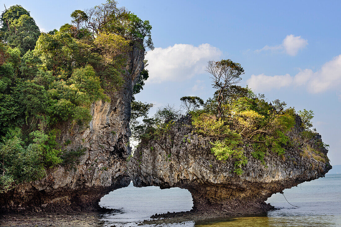 Blick auf die Klippen und Karst-Felsformationen, eine davon in Pilzform, entlang der Küstenlinie einer tropischen Insel; Phang Nga Bay, Thailand