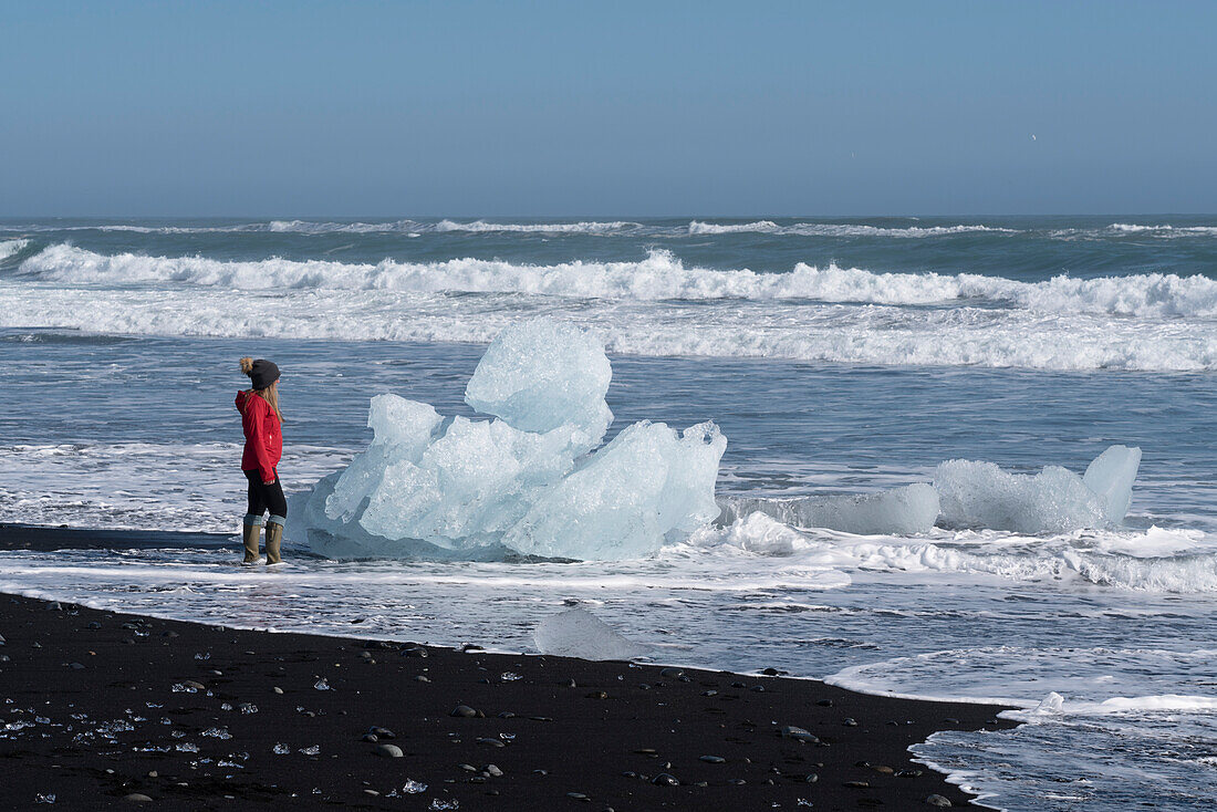View of woman standing on the beach at the water's edge admiring ice bergs along the South Coast of Iceland; Jokulsarlon, South Iceland, Iceland