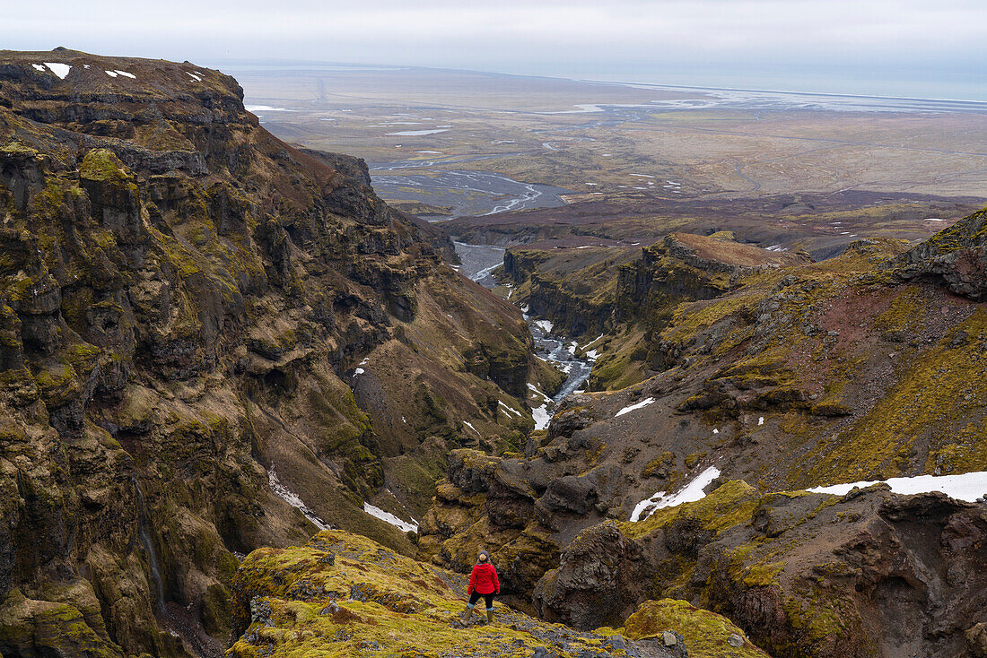 View taken from behind of a woman standing on a mountainside overlooking a vista of Mulagljufur Canyon, a hikers paradise, with an amazing view of a river winding through the moss-covered cliffs; Vik, South Iceland, Iceland