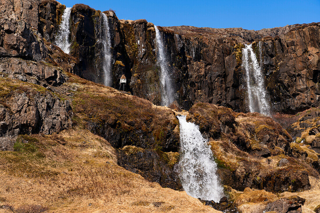 Landschaftlicher Blick auf eine Frau, die an einem Klippenhang vor einer Reihe von Wasserfällen steht, die von den zerklüfteten Klippen der Ostfjorde herabstürzen und sie gegen die weite Landschaft vor ihr klein erscheinen lassen; Ostisland, Island