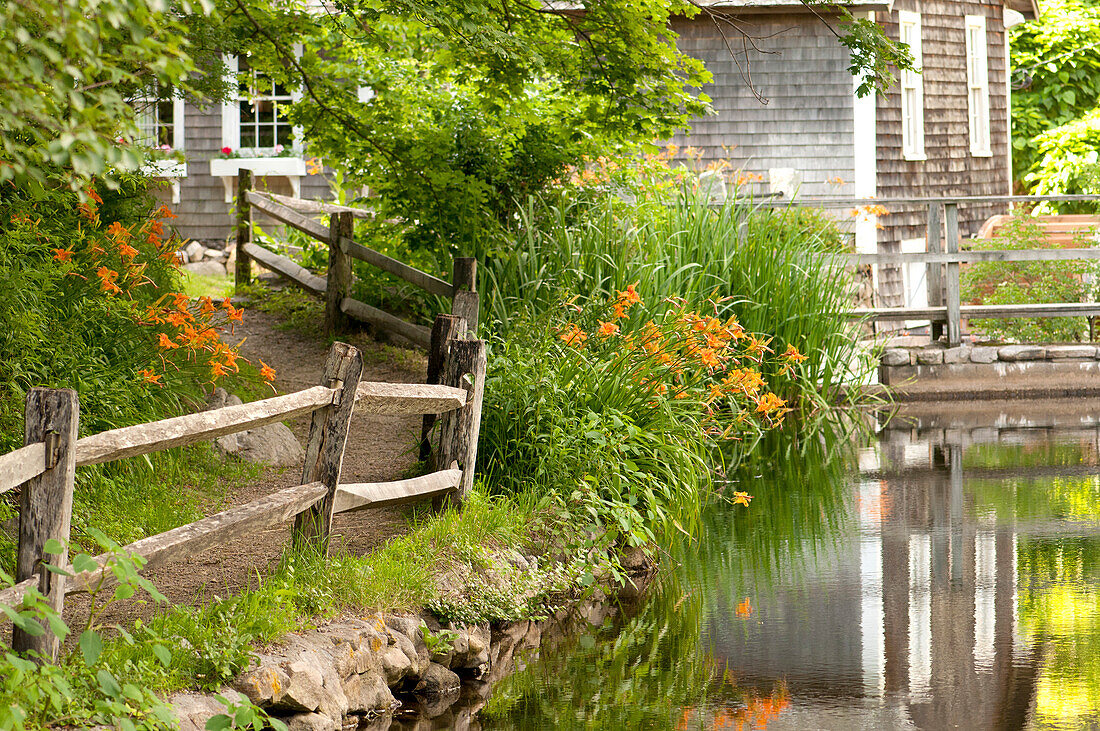 Spiegelungen im Bach und blühende Blumen in der Stony Brook Grist Mill; Brewster, Massachusetts.