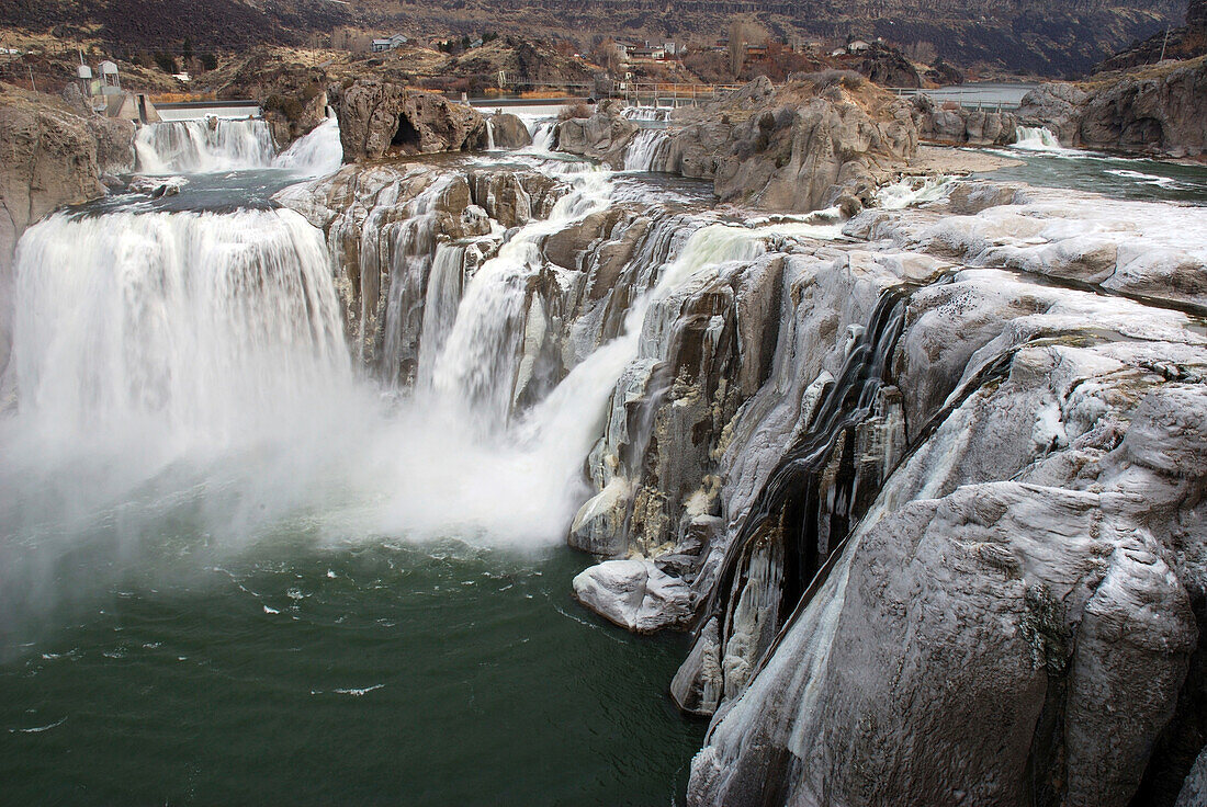 Shoshone Falls in winter. Frozen mist forms icy surfaces on rock.; Shoshone Falls, Twin Falls, Idaho.