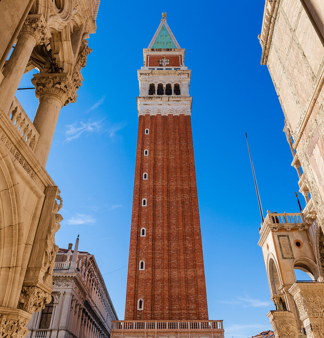 View of St Mark's Campanile and Doge's Palace in Piazza San Marco; Veneto, Venice, Italy