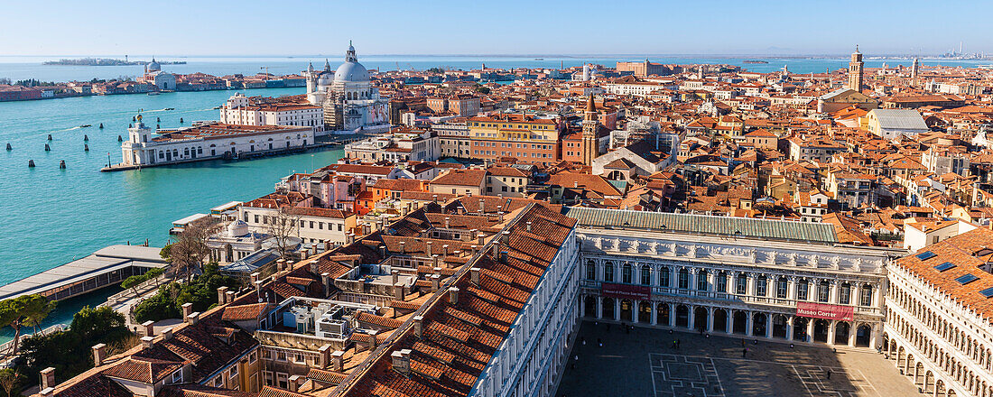 Overview of Venice with the Venetian Lagoon and harbor entrance to the City of Venice, Chiesa Santa Maria della Salute on the Punta della Dogana as viewed from the Bell Tower of St Mark's ; Veneto, Venice, Italy