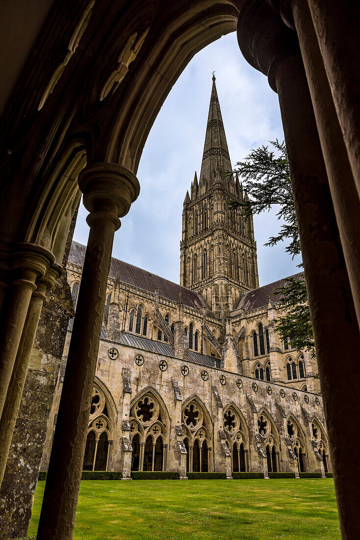 Blick durch den Torbogen des Kreuzgangs in den Innenhof der Kathedrale von Salisbury, 13. Jahrhundert; Salisbury, Wiltshire, England, Vereinigtes Königreich