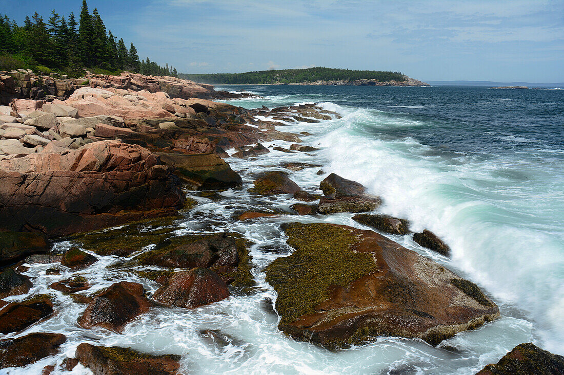 Blick auf die felsige Küste des Acadia National Park, Maine; Mount Desert Island, Acadia National Park, Maine, USA.