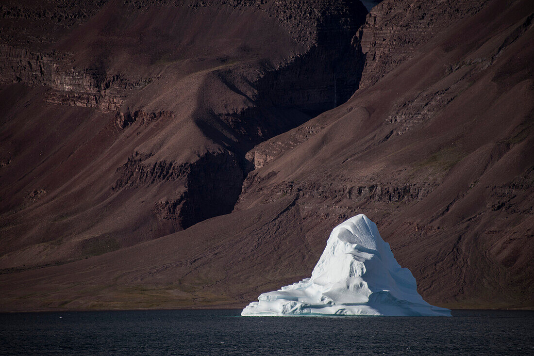 Nahaufnahme eines kleinen Eisbergs, der im Kaiser Franz Joseph Fjord in Grönland vor den schlickbedeckten Berghängen treibt; Ostgrönland, Grönland
