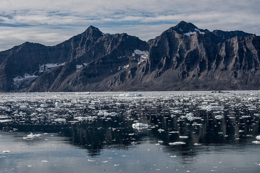 Zackige Berggipfel umgeben die eisigen, knurrenden Berge, die das ruhige Wasser im Nansen Fjord bedecken; Ostgrönland, Grönland