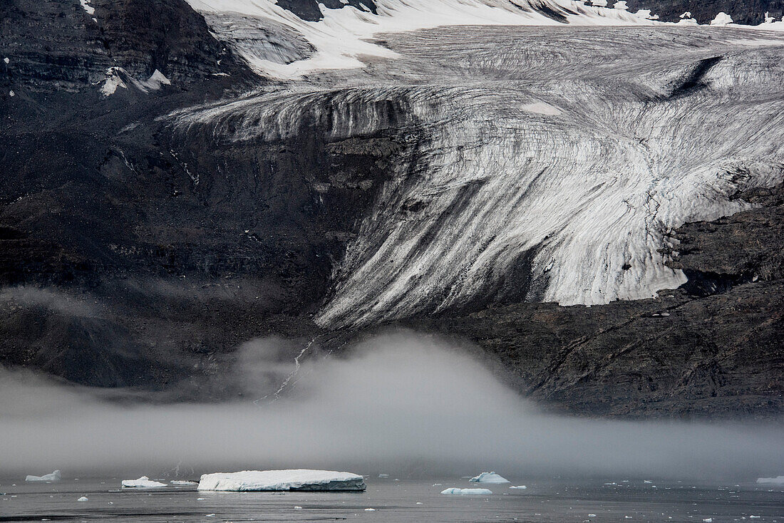 Blick auf eine Gletscherspitze und Eis, das im dunklen Wasser des Nansen Fjords unter einer Nebelschicht treibt; Ostgrönland, Grönland