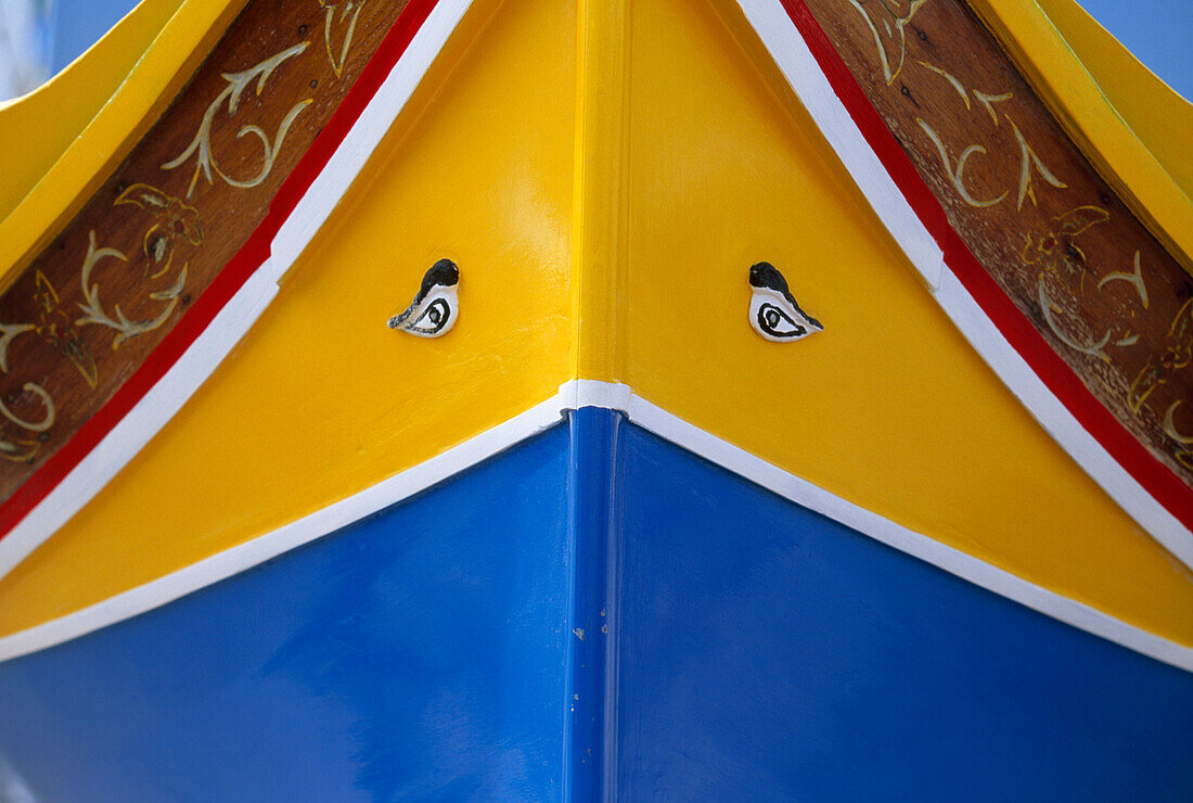 Close detail of the front of a brightly painted boat with two eyes'; Koi Samui, Thailand