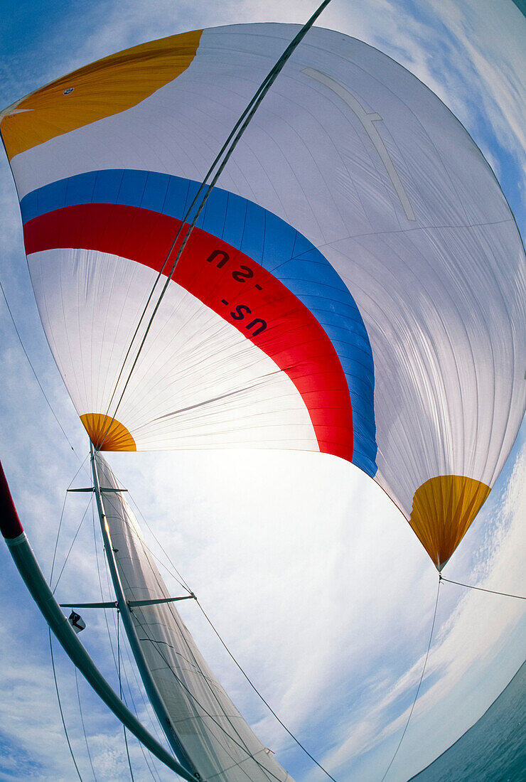 Fisheye view of a spinnaker on a sailboat; Mystic, Connecticut, United States of America