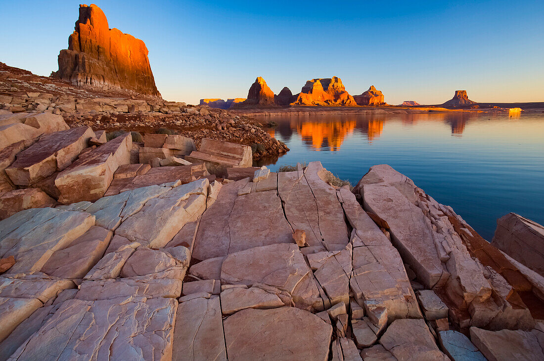 Gregory Butte reflected in Last Chance Bay, Lake Powell, Glen Canyon National Recreation Area, Utah, USA; Utah, United States of America