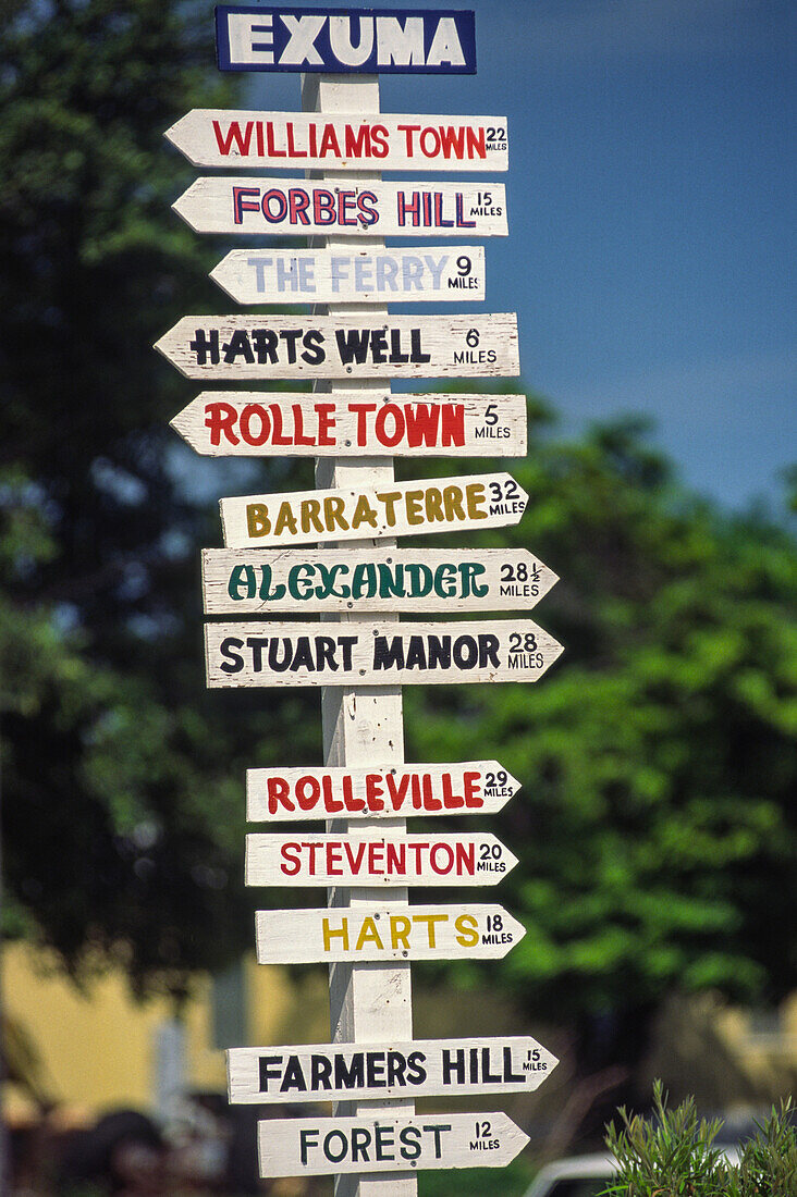 Road signs on Great Exuma Island; Great Exuma Island, The Bahamas
