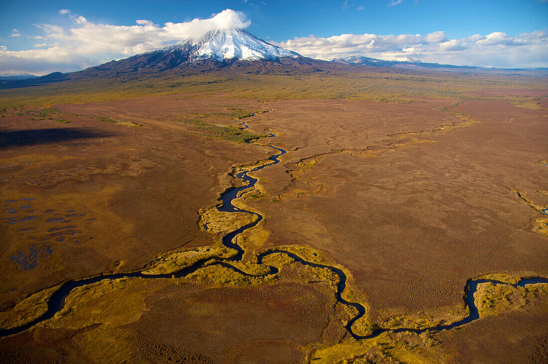 Aerial view of the Kronotsky volcano and surrounding landscape; Kronotsky Zapovednik, Kamchatka, Russia