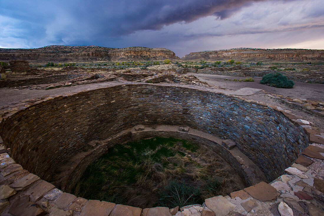 Pueblo Bonito at dusk, Chaco Culture National Historical Park, New Mexico, USA; New Mexico, United States of America