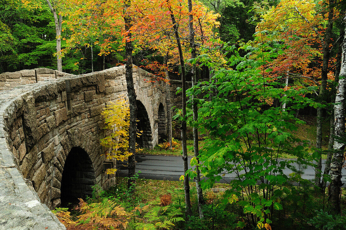 A carriage road bridge at a park entrance near Seal Harbor.; Acadia National Park, Mount Desert Island, Maine.