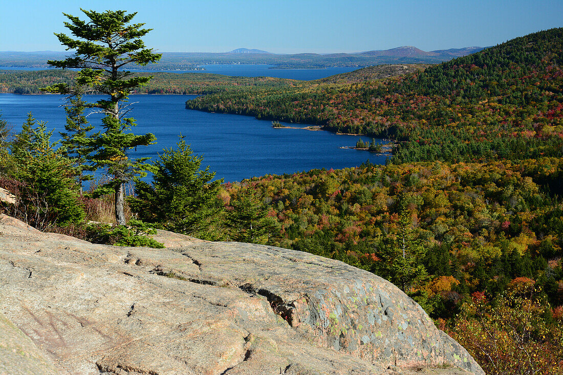 View of Jordan Pond and surrounding forest from the summit of South Bubble Mountain.; South Bubble Mountain, Acadia National Park, Mount Desert Island, Maine.