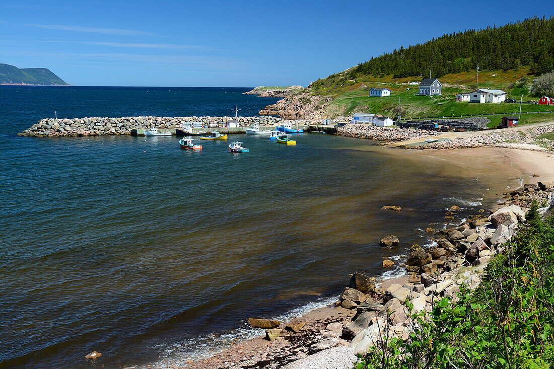 A scenic view of White Point Harbor, Nova Scotia.; White Point Harbor, White Point, Cape Breton, Nova Scotia, Canada.