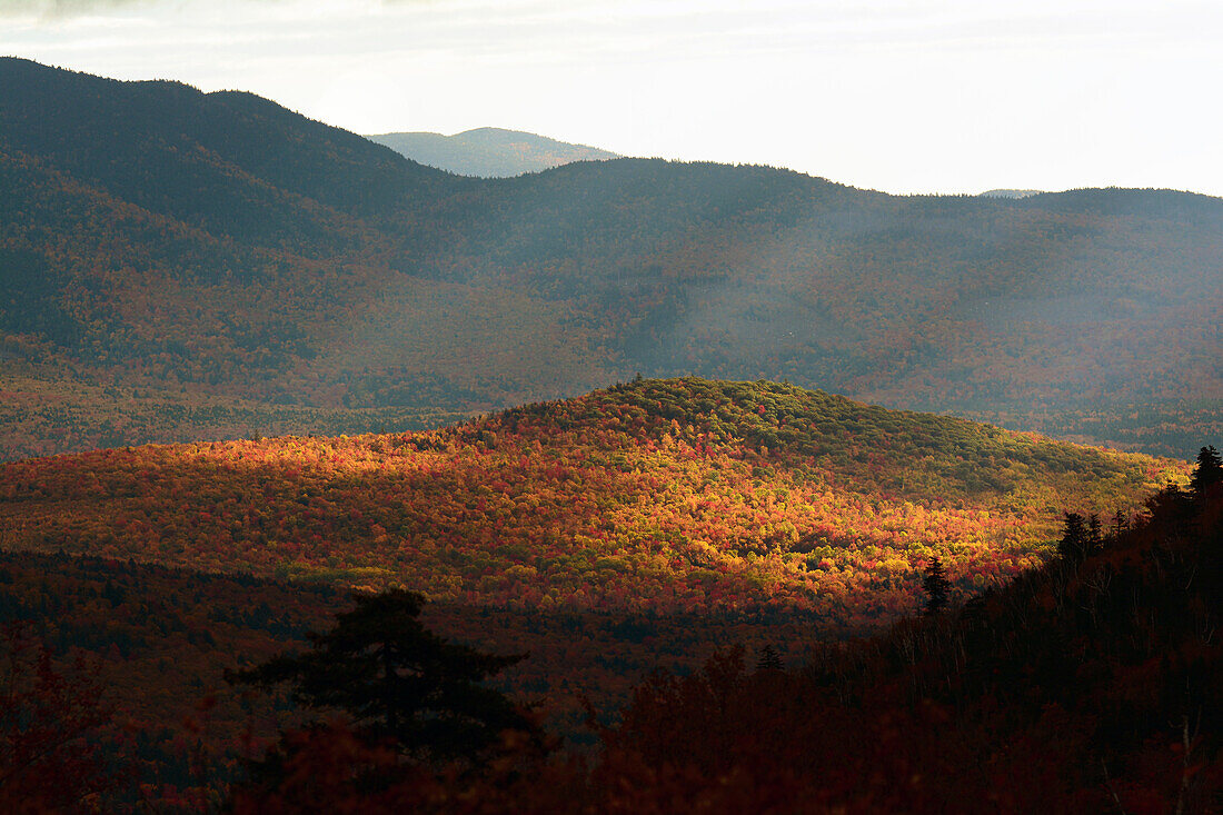 Teleaufnahme eines sonnenbeschienenen Tals in den White Mountains im Herbst; New Hampshire, USA.
