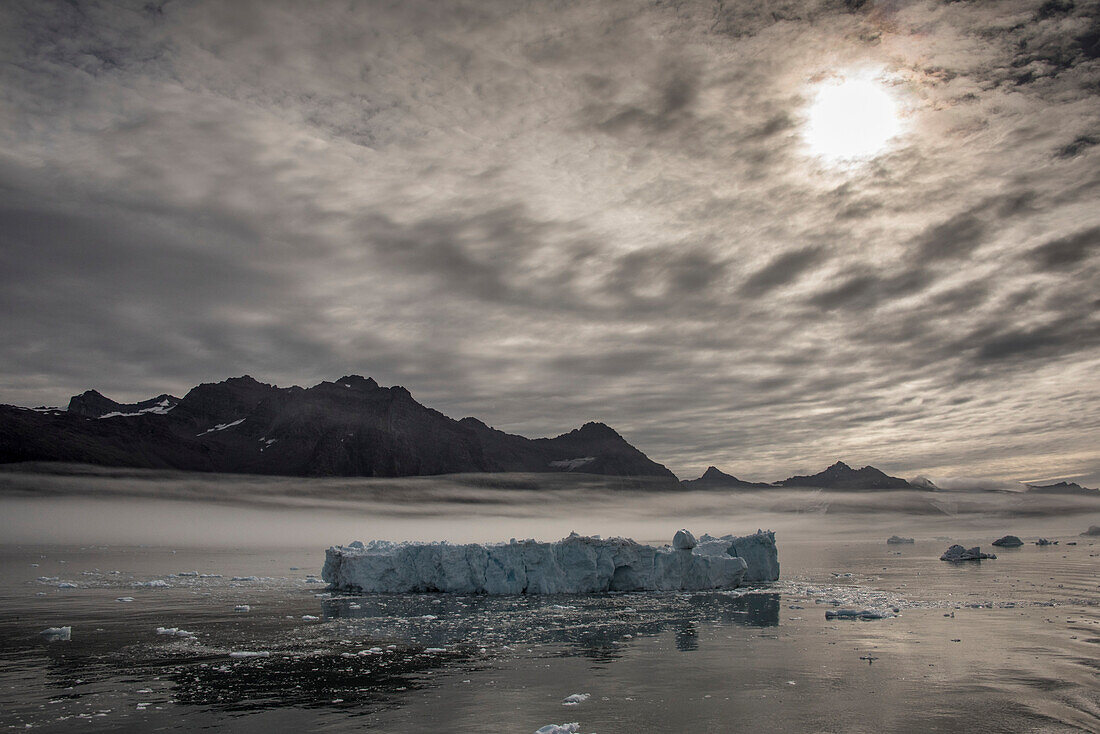 Eisberg, der in den Gletschergewässern des Nansen Fjords treibt, mit der Silhouette der Berge vor der Sonne, die durch die grauen Wolken scheint, und einer Nebelschicht über den ruhigen Gewässern; Ostgrönland, Grönland