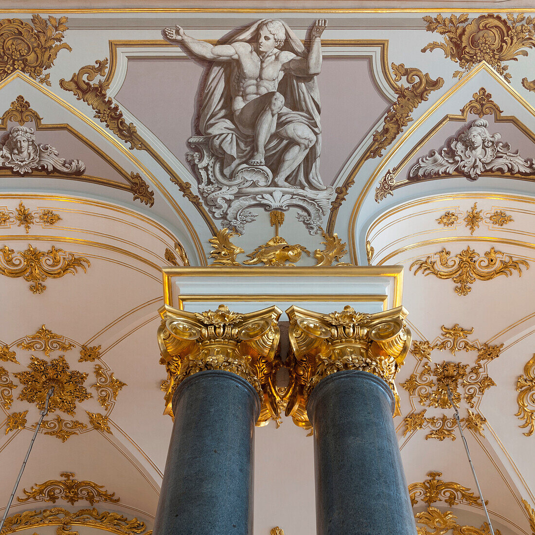 Columns And Sculpture On The Ceiling In Winter Palace; St. Petersburg Russia