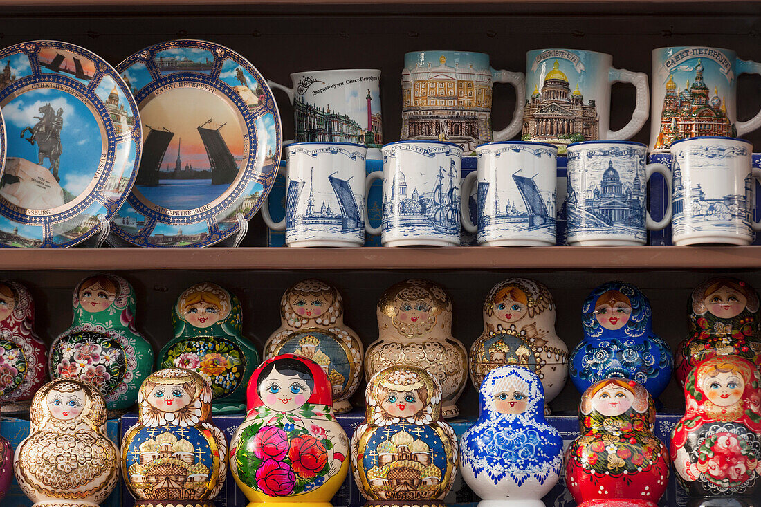 Matryoshka Dolls Plates And Mugs On Display; St. Petersburg Russia
