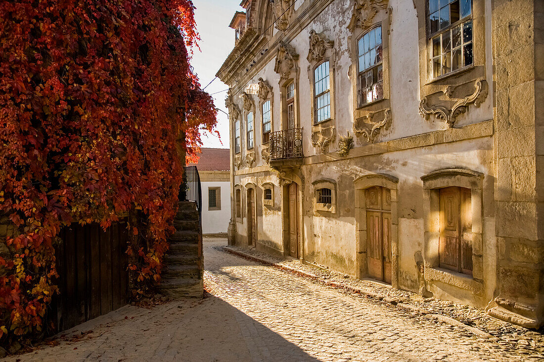 Ornate building along a cobbled street in Alto Douro Wine Region; Provesende, Douro River Valley, Portugal