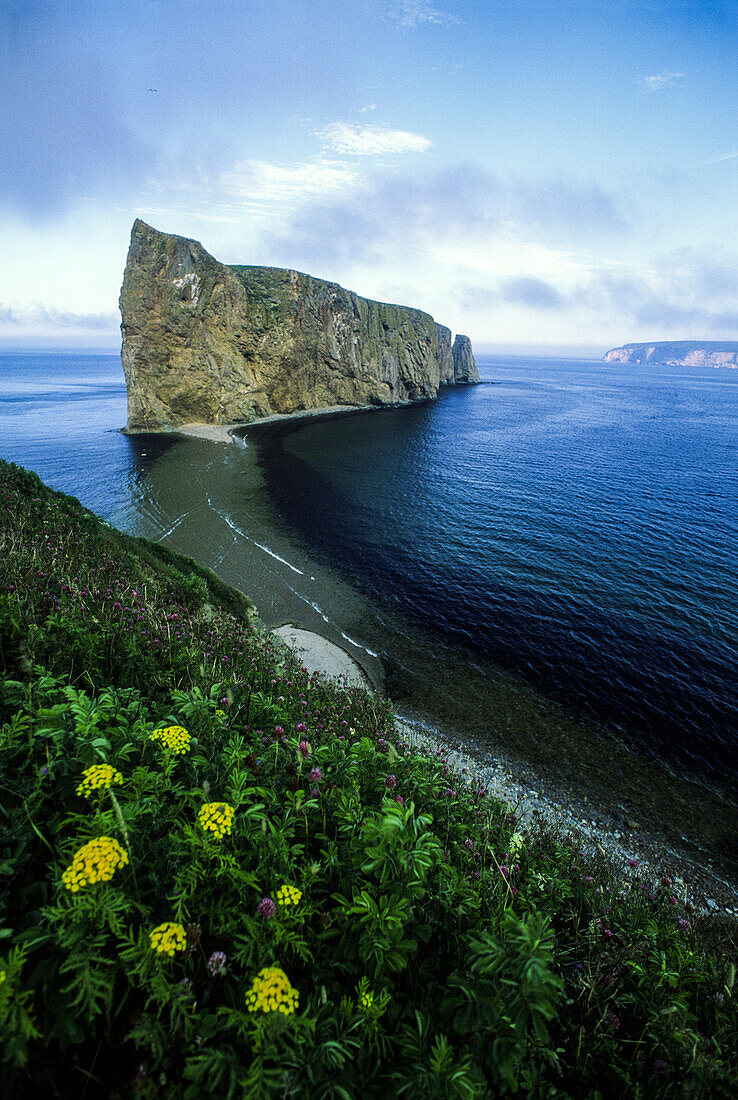 Perce Rock near Bonaventure Island; Bonaventure Island, Gaspe Peninsula, Quebec, Canada