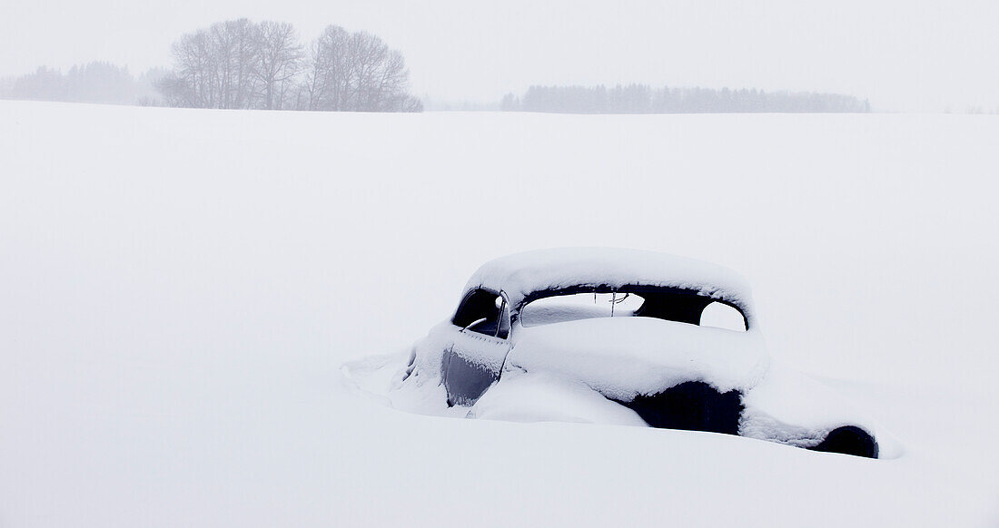 Ein altes Auto unter Schnee begraben auf einem Feld; Parkland County Alberta Kanada