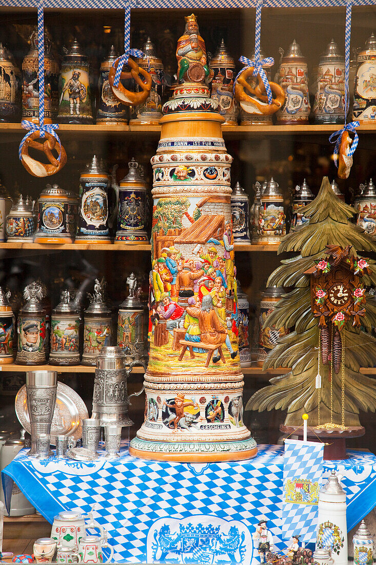 Colourful Ornate Souvenirs And A Cuckoo Clock On Display; Rothenburg Ob Der Tauber Bavaria Germany