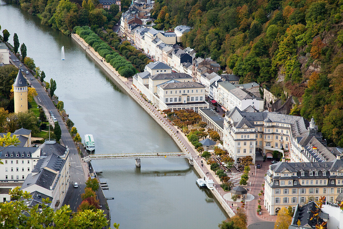 High Angle View Of A Bridge Crossing The River Lahn And Building Along The Water's Edge; Bad Ems Rheinland-Pfalz Germany