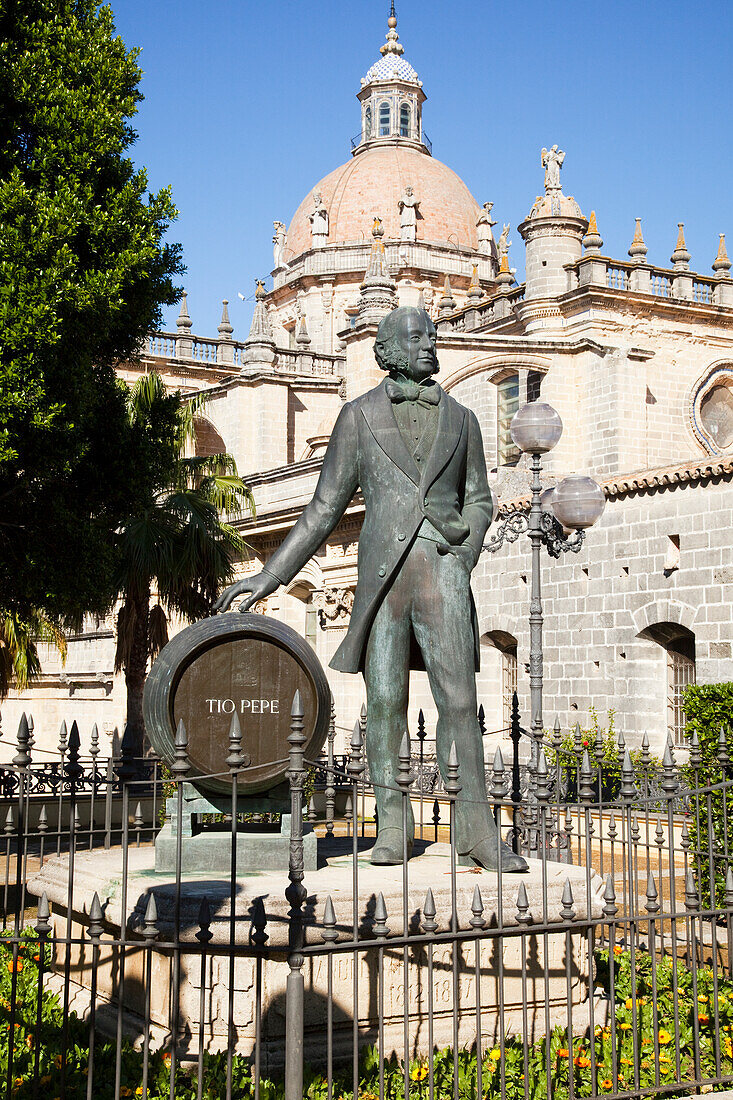 The Statue Of Tio Pepe With The Cathedral In The Background; Jerez De La Frontera Andalusia Spain
