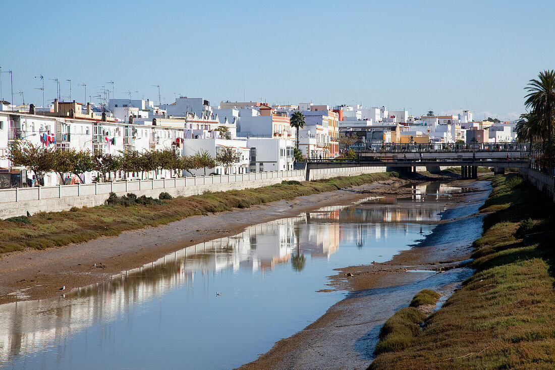 White Buildings Reflected In The Water; Chiclana De La Frontera Andalusia Spain