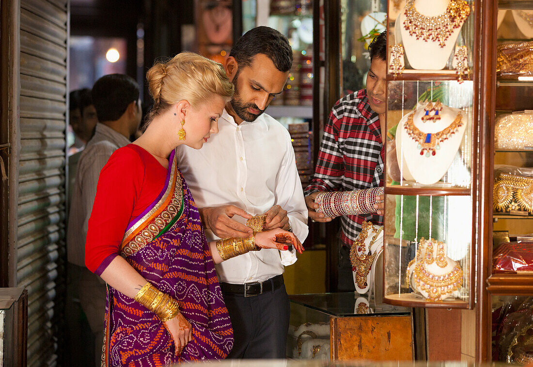 A Mixed Race Couple Shopping For Jewelry; Ludhiana, Punjab, India