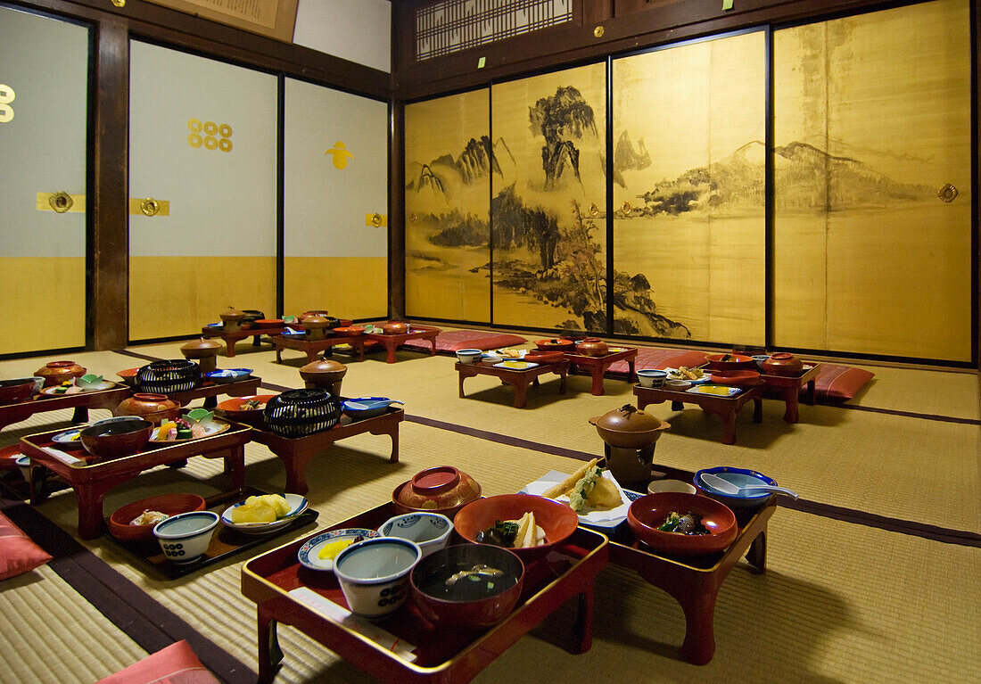 Dining Room With Tables Set-Up And Dinner Served In A Japanese Temple; Koyasan Wakayama Japan