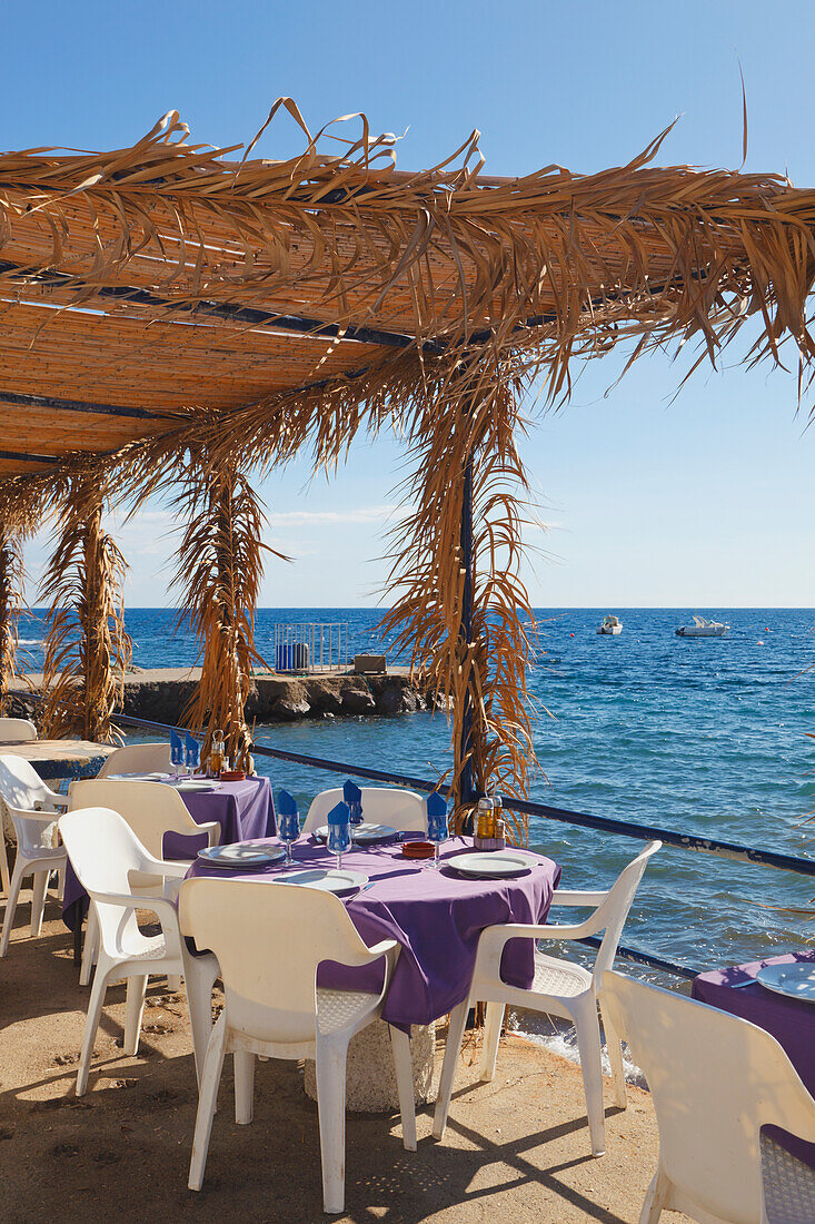 Restaurant Terrace Overlooking Sea At La Isleta Del Moro Also Known As La Isleta In Cabo De Gata-Nijar Natural Park; Almeria Province Spain