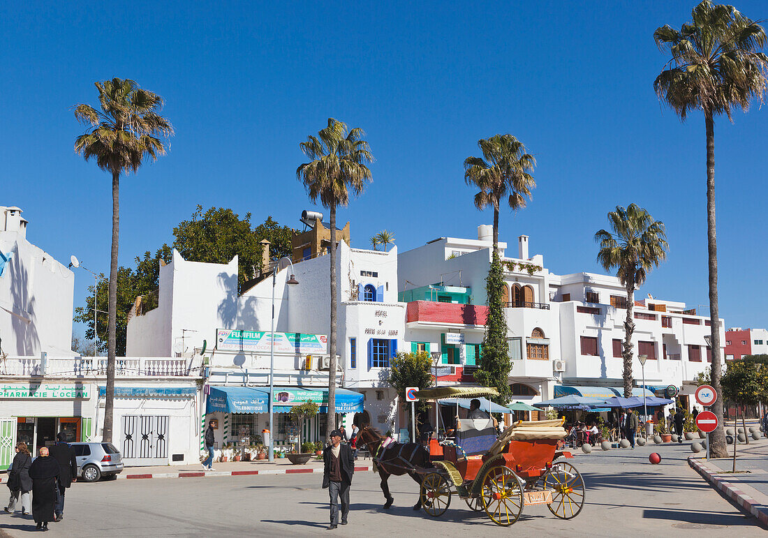 Straßenszene mit Pferd und Kutsche auf der Plaza Zelaka; Asilah Marokko