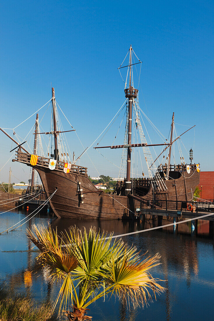 Replicas Of The Ships Columbus Sailed To The Americas In The Wharf Of The Caravels; Palos De La Frontera, Huelva Province, Andalusia, Spain