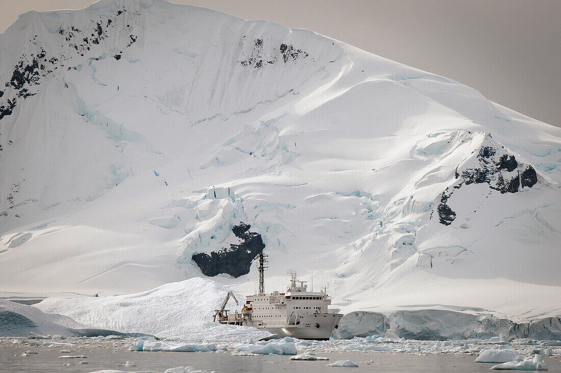 Ein Schiff im Wasser entlang der Küste; Antarktis