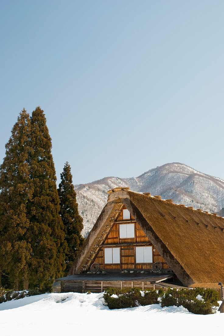 Traditionelles japanisches Dorfhaus mit Strohdach im Winter; Shirakawa, Gifu, Japan