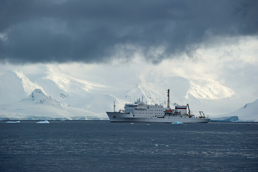 A Large Ship In The Southern Ocean Along The Coast; Antarctica