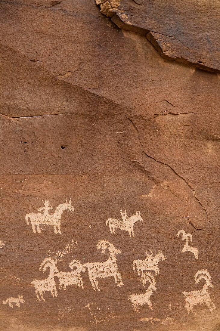 Utah, Arches National Park, Uralte Petroglyphen, die Tiere auf einem Felsen darstellen.
