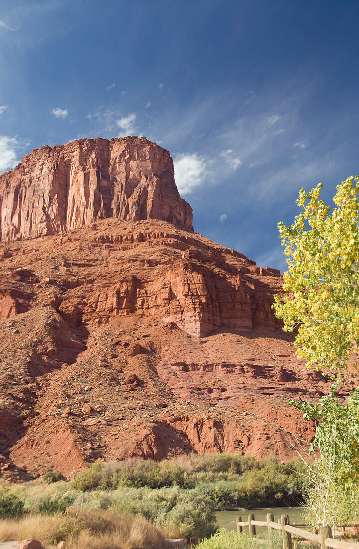 USA, Utah, Moab, riesige Kuppe mit Bäumen, die sich im Herbst verfärben