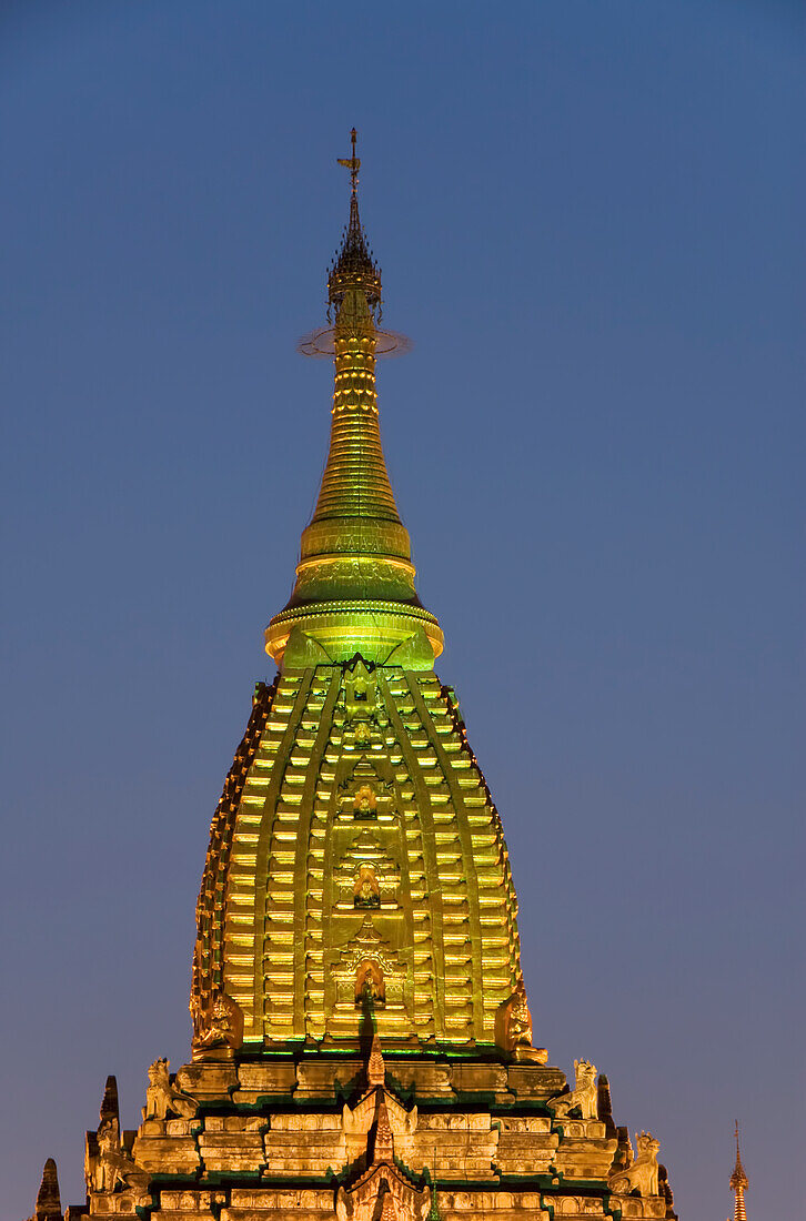 Burma (Myanmar), Bagan, Silhouetted temples at sunset.