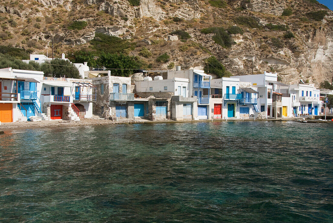 Greece, Cyclades, Island of Milos, Village of Kilma, Houses near shore.