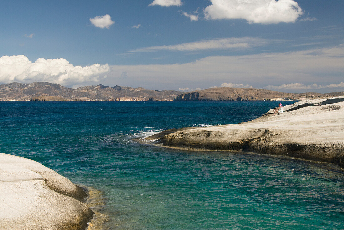 Greece, Cyclades, Island of Milos, Volcanic formations make up Sarakiniko Beach.