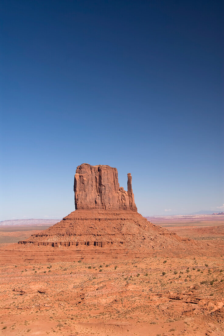 Arizona, Navajo Tribal Park, Monument Valley, View of the West Mitten Butte in the desert.